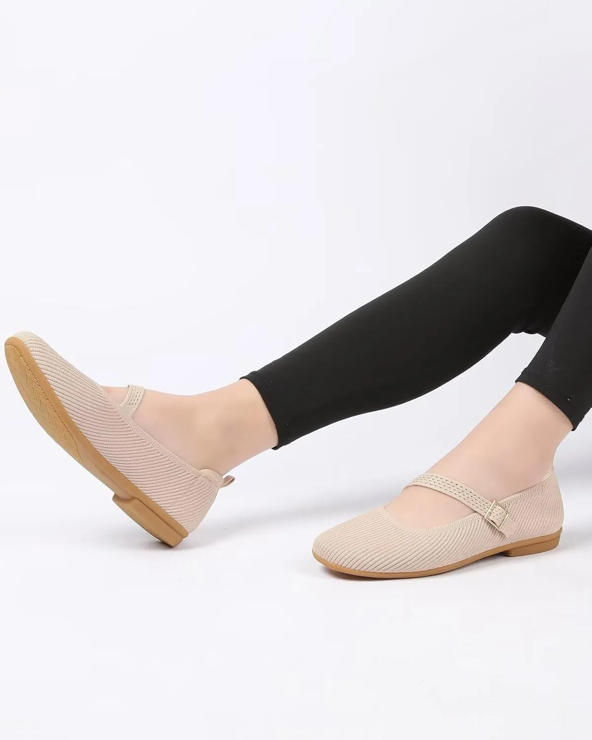 Women's Mary Jane Ballet Flats Square Toe Knit Ballerina Walking Dressy Office Slip-on Shoes with Strap