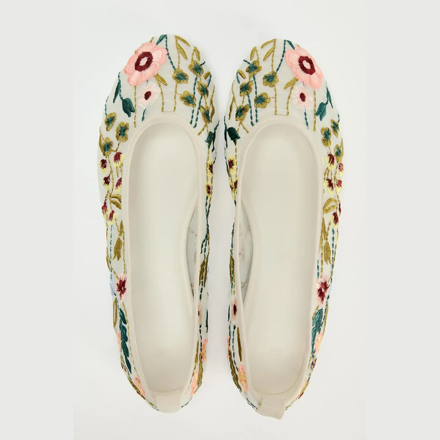 Women's Mesh Ballet Flats Embroidered Floral Mary Jane Flats Casual Comfortable Round Toe Ballerina Shoes