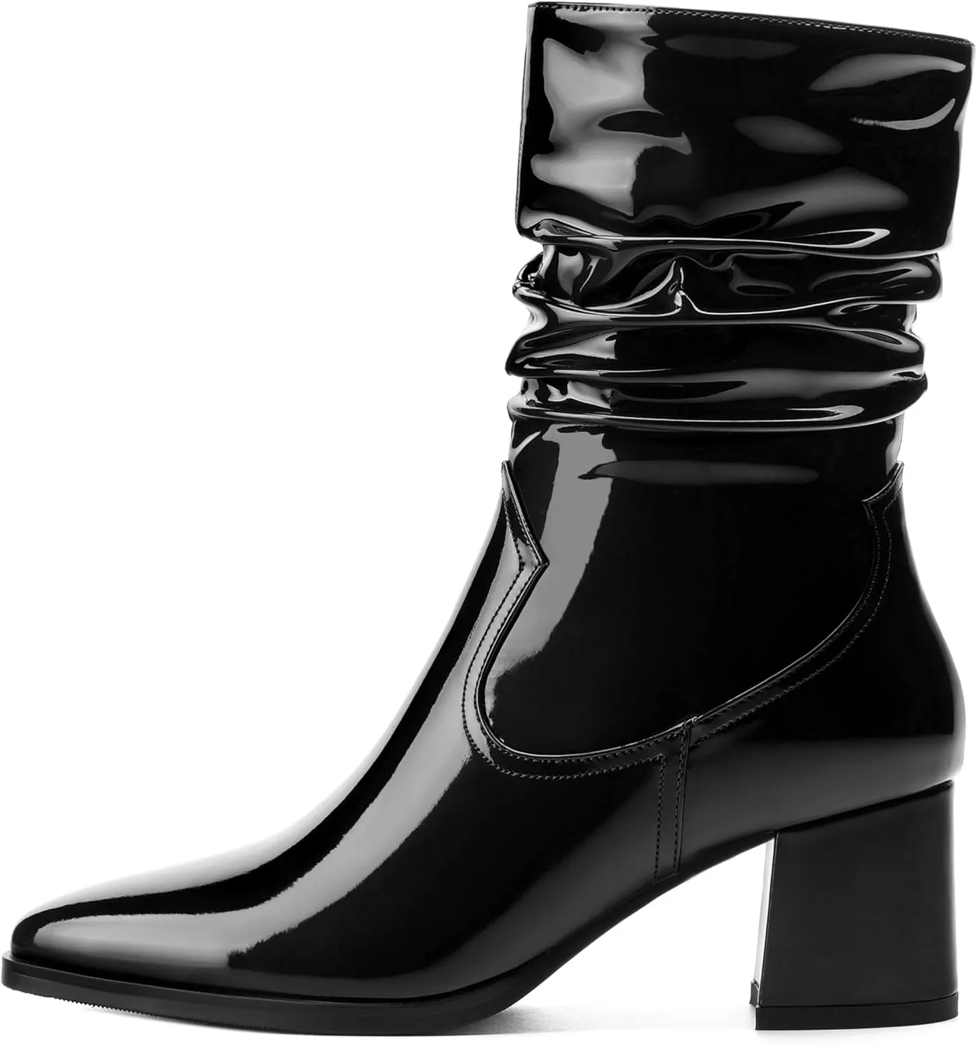 Women's Mid Calf Boots - Chunky Heel Pleated Calf Boots with Side Zipper, Pointed Toe, Perfect for Workplace, Street and Banquet