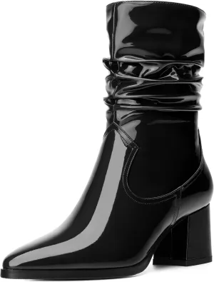Women's Mid Calf Boots - Chunky Heel Pleated Calf Boots with Side Zipper, Pointed Toe, Perfect for Workplace, Street and Banquet