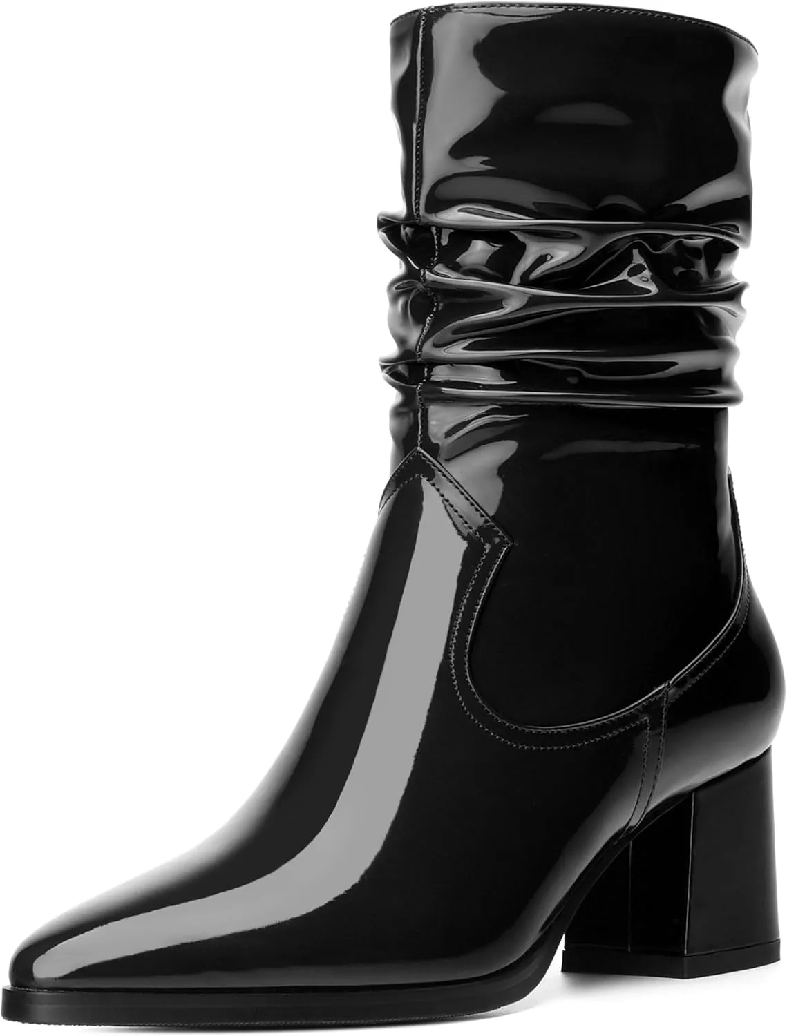 Women's Mid Calf Boots - Chunky Heel Pleated Calf Boots with Side Zipper, Pointed Toe, Perfect for Workplace, Street and Banquet