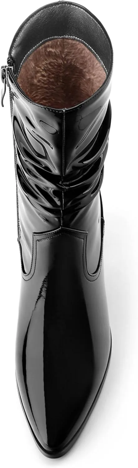 Women's Mid Calf Boots - Chunky Heel Pleated Calf Boots with Side Zipper, Pointed Toe, Perfect for Workplace, Street and Banquet