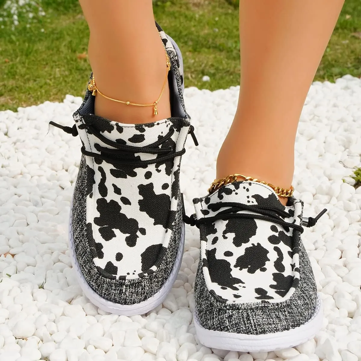 Women's Milky Cow Print Slip-On Loafers - Lightweight Comfortable Casual Shoes with Elastic Laces, Foam Outsole, Orthotic Walking Shoes for Daily Wear, US 6-10