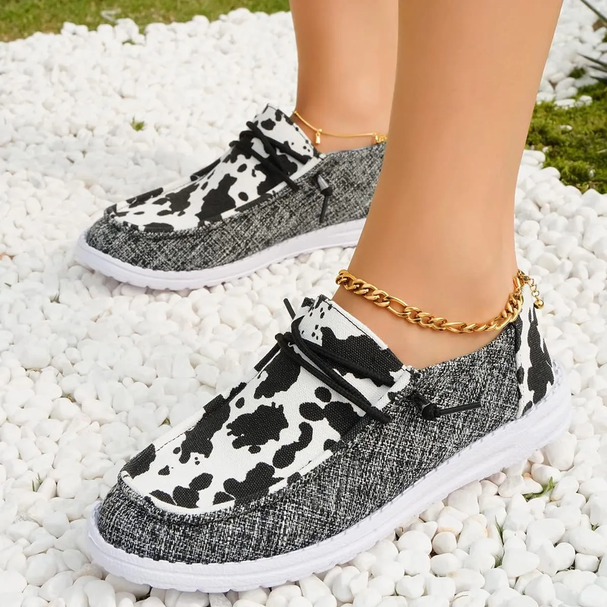 Women's Milky Cow Print Slip-On Loafers - Lightweight Comfortable Casual Shoes with Elastic Laces, Foam Outsole, Orthotic Walking Shoes for Daily Wear, US 6-10