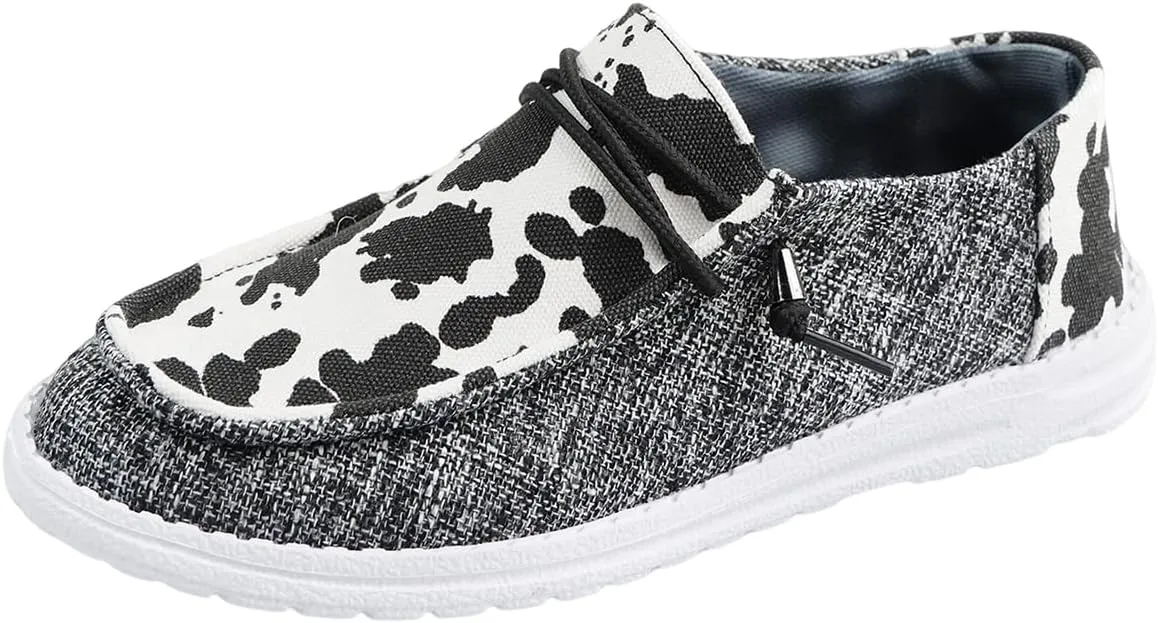 Women's Milky Cow Print Slip-On Loafers - Lightweight Comfortable Casual Shoes with Elastic Laces, Foam Outsole, Orthotic Walking Shoes for Daily Wear, US 6-10