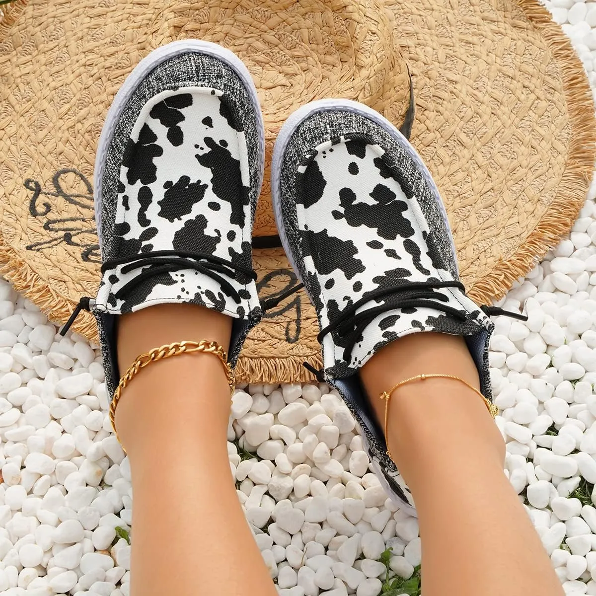 Women's Milky Cow Print Slip-On Loafers - Lightweight Comfortable Casual Shoes with Elastic Laces, Foam Outsole, Orthotic Walking Shoes for Daily Wear, US 6-10