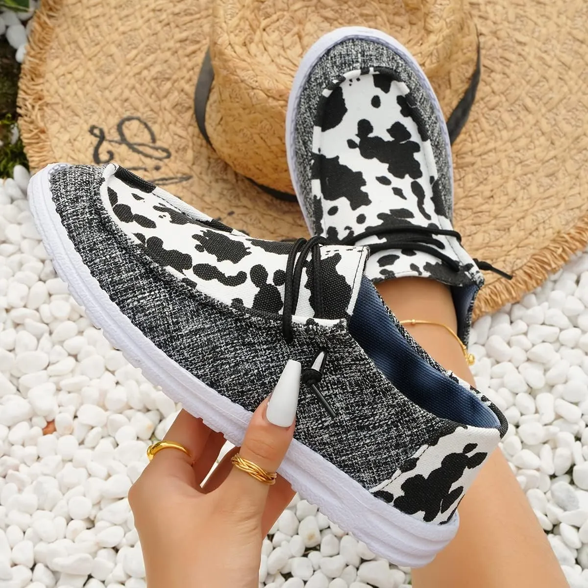 Women's Milky Cow Print Slip-On Loafers - Lightweight Comfortable Casual Shoes with Elastic Laces, Foam Outsole, Orthotic Walking Shoes for Daily Wear, US 6-10