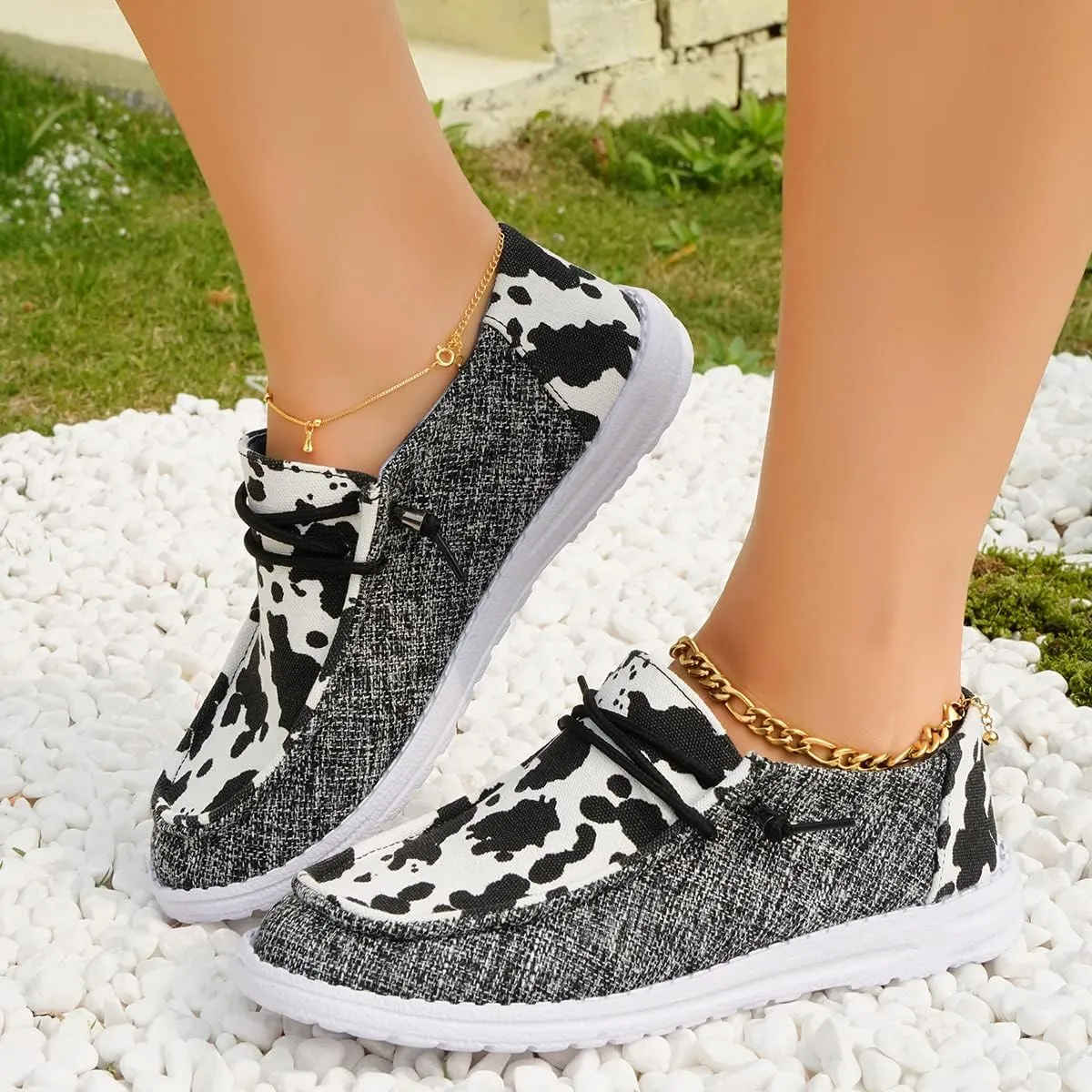 Women's Milky Cow Print Slip-On Loafers - Lightweight Comfortable Casual Shoes with Elastic Laces, Foam Outsole, Orthotic Walking Shoes for Daily Wear, US 6-10
