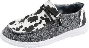 Women's Milky Cow Print Slip-On Loafers - Lightweight Comfortable Casual Shoes with Elastic Laces, Foam Outsole, Orthotic Walking Shoes for Daily Wear, US 6-10