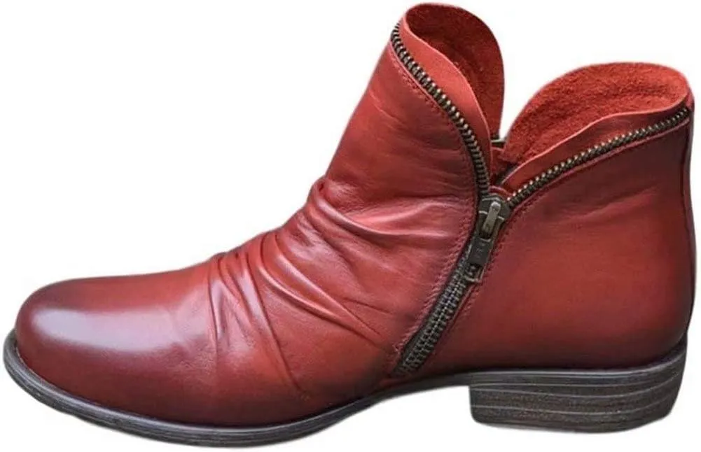 Women's New Chic Vintage Leather Booties Ankle Boots with Zipper Casual Low Heel Flat Short Boots