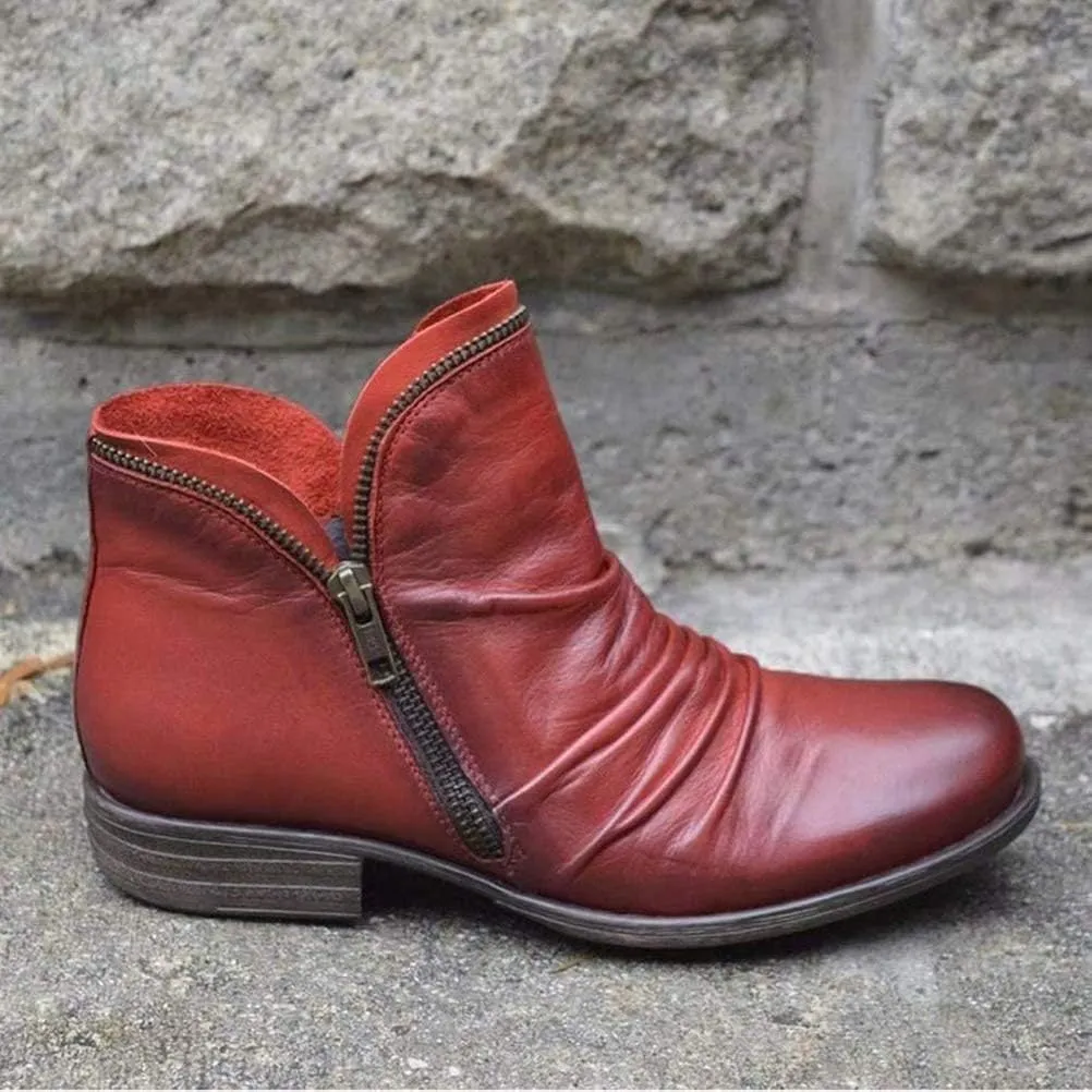 Women's New Chic Vintage Leather Booties Ankle Boots with Zipper Casual Low Heel Flat Short Boots
