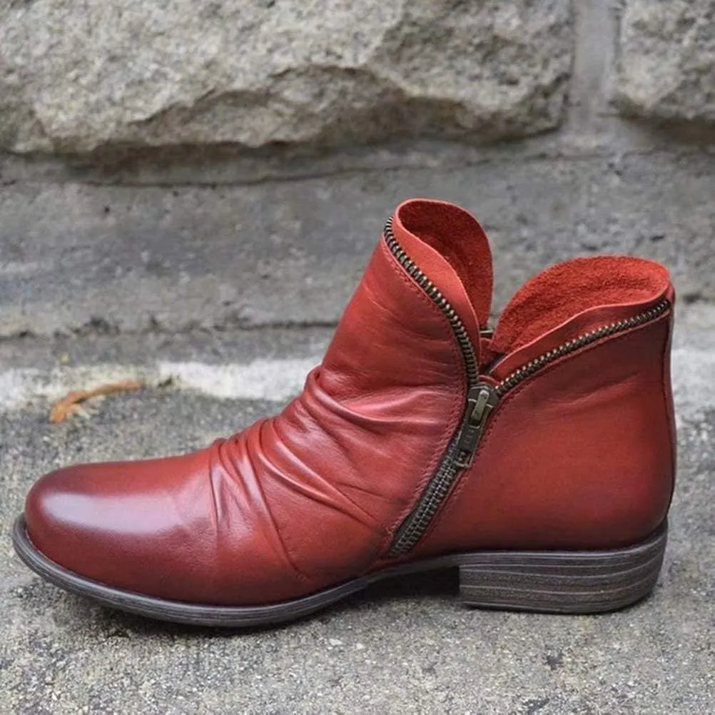 Women's New Chic Vintage Leather Booties Ankle Boots with Zipper Casual Low Heel Flat Short Boots