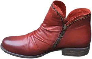 Women's New Chic Vintage Leather Booties Ankle Boots with Zipper Casual Low Heel Flat Short Boots
