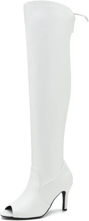 Women's Peep Toe Thigh High Boots Over The Knee Boot Sexy Stiletto Heel Lace Up Open Toe Pull on Long Boots