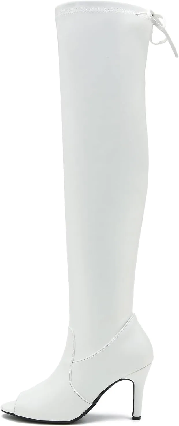 Women's Peep Toe Thigh High Boots Over The Knee Boot Sexy Stiletto Heel Lace Up Open Toe Pull on Long Boots