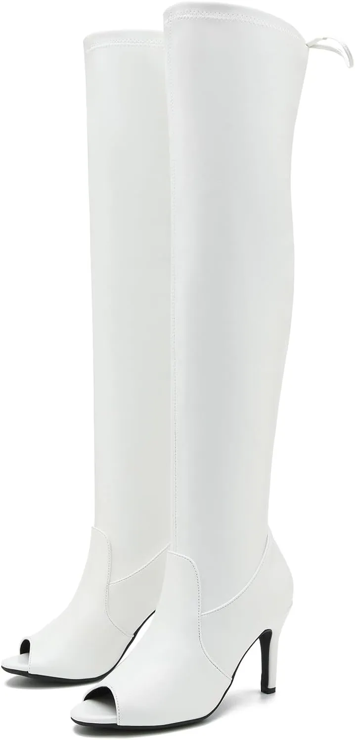 Women's Peep Toe Thigh High Boots Over The Knee Boot Sexy Stiletto Heel Lace Up Open Toe Pull on Long Boots