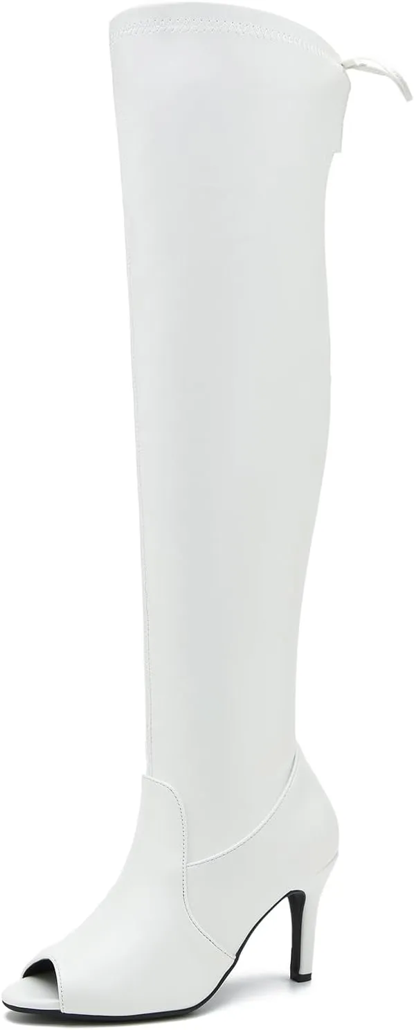 Women's Peep Toe Thigh High Boots Over The Knee Boot Sexy Stiletto Heel Lace Up Open Toe Pull on Long Boots