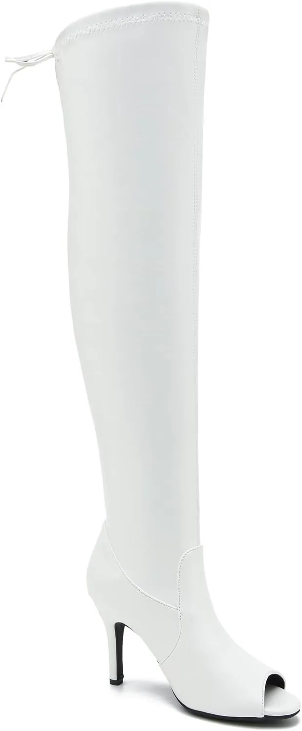 Women's Peep Toe Thigh High Boots Over The Knee Boot Sexy Stiletto Heel Lace Up Open Toe Pull on Long Boots
