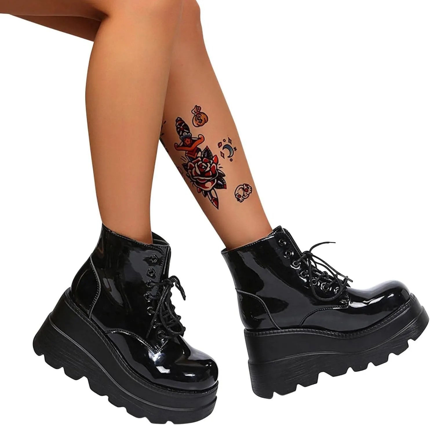 Womens Platform Boots Halloween Goth Punk Ankle Booties Lace-up Black Motorcycle Combat Boot
