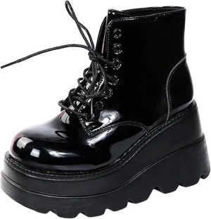 Womens Platform Boots Halloween Goth Punk Ankle Booties Lace-up Black Motorcycle Combat Boot