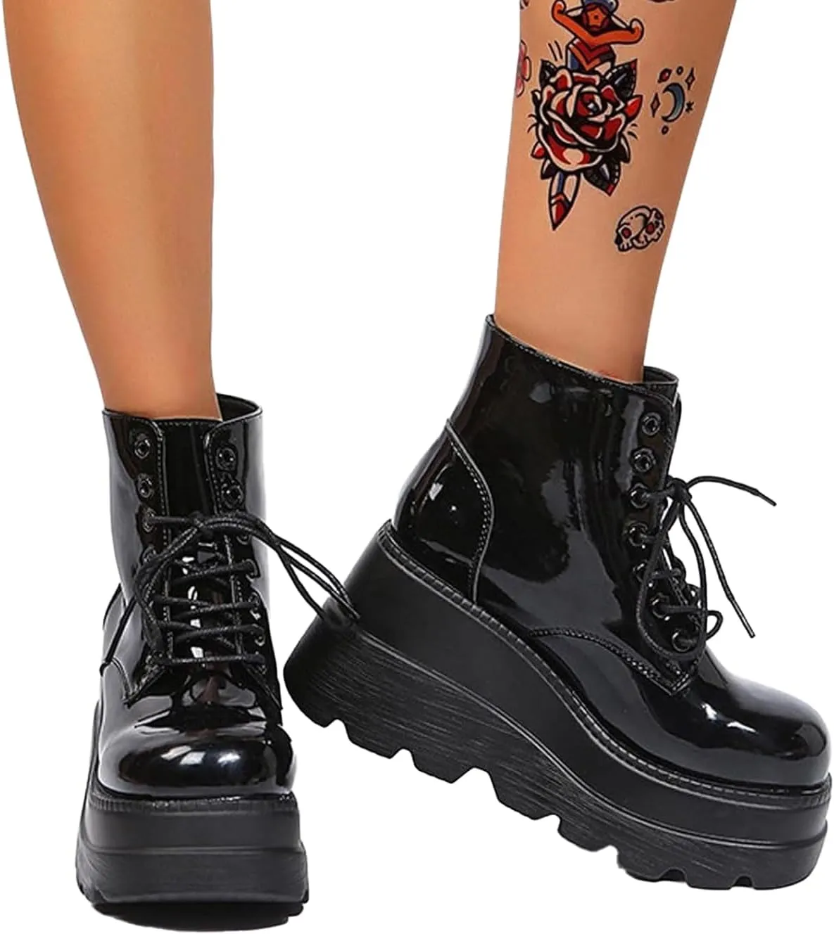 Womens Platform Boots Halloween Goth Punk Ankle Booties Lace-up Black Motorcycle Combat Boot