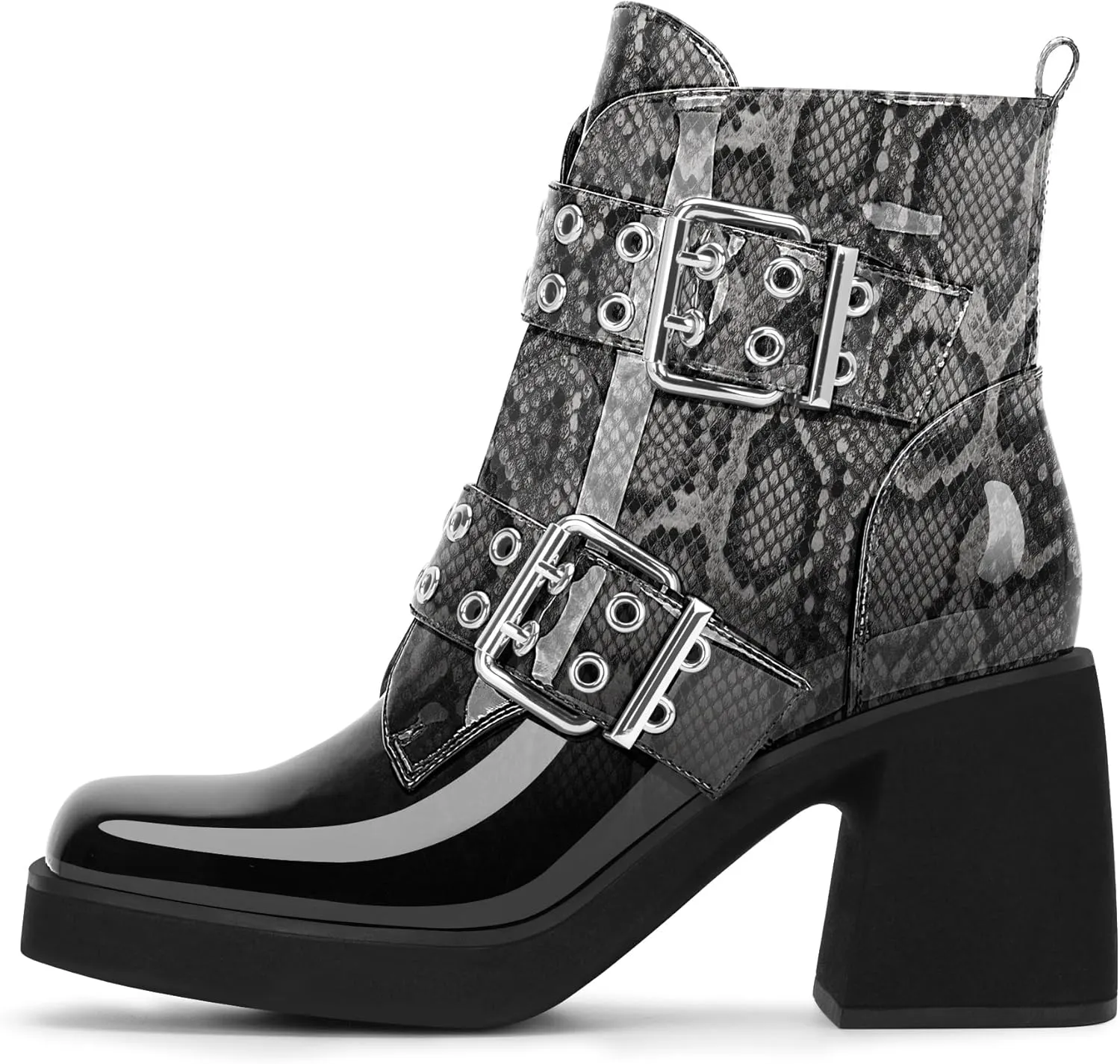 Women's Platform Chunky Heel Buckle Ankle Boots Patent Leather Side Zipper Booties