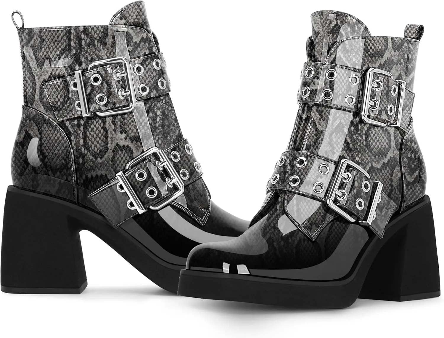 Women's Platform Chunky Heel Buckle Ankle Boots Patent Leather Side Zipper Booties
