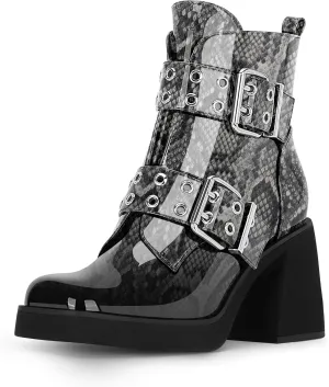 Women's Platform Chunky Heel Buckle Ankle Boots Patent Leather Side Zipper Booties
