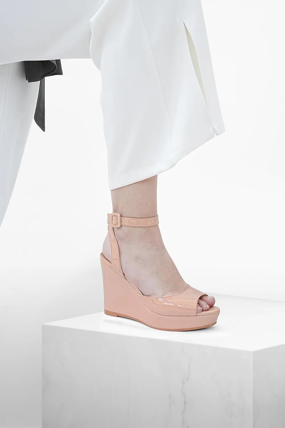 Women's Platform Wedge Sandals Round Peep Open Toe Ankle Strap Buckle Slingback High Heel Dress Shoes Patent Leather Heels