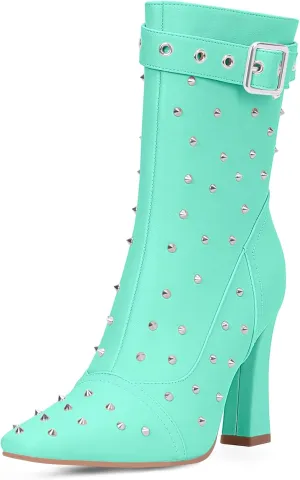 Women's Punk Rivet High Heel Square Toe Ankle Boots Buckle Strap Sexy Booties