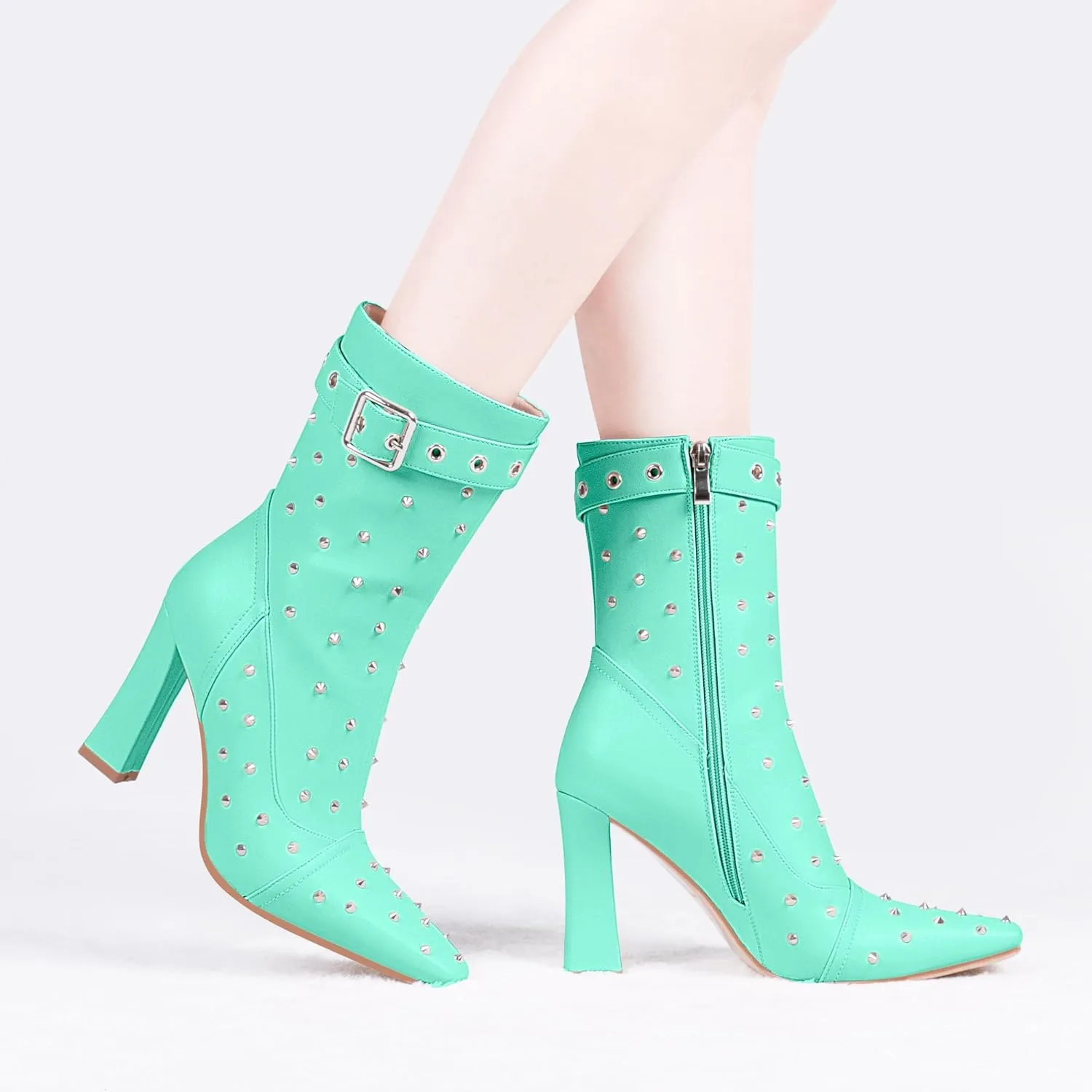 Women's Punk Rivet High Heel Square Toe Ankle Boots Buckle Strap Sexy Booties