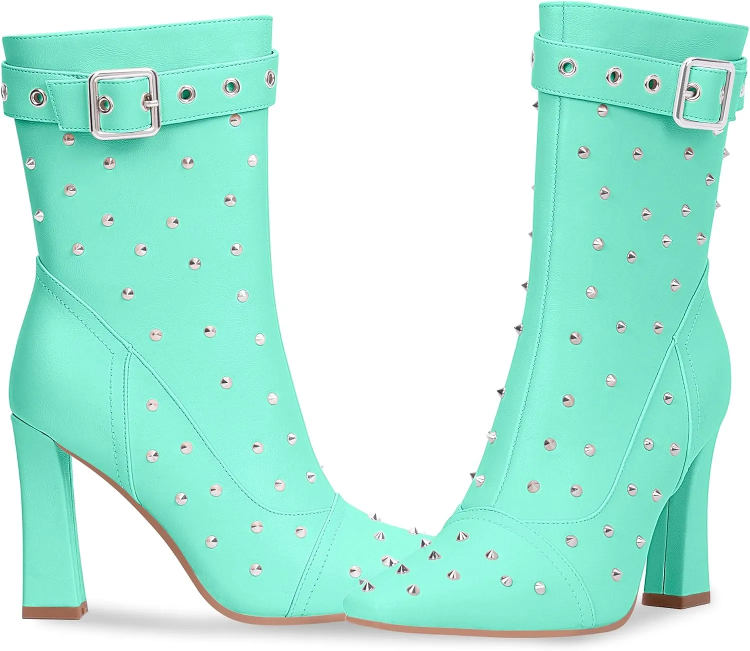 Women's Punk Rivet High Heel Square Toe Ankle Boots Buckle Strap Sexy Booties