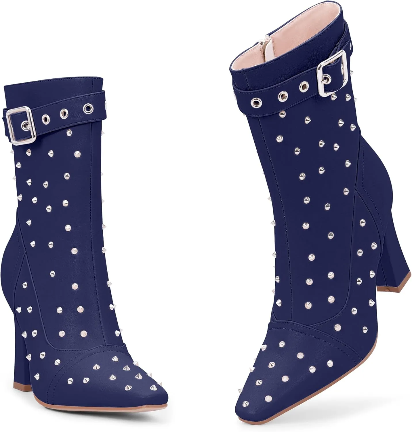 Women's Punk Rivet High Heel Square Toe Ankle Boots Buckle Strap Sexy Booties