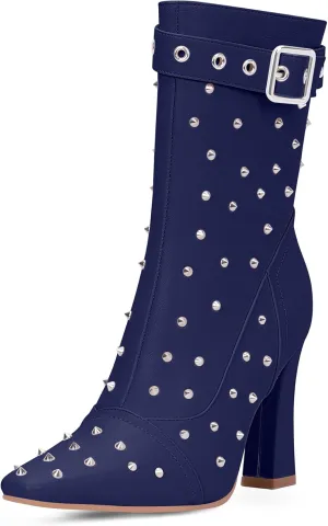 Women's Punk Rivet High Heel Square Toe Ankle Boots Buckle Strap Sexy Booties