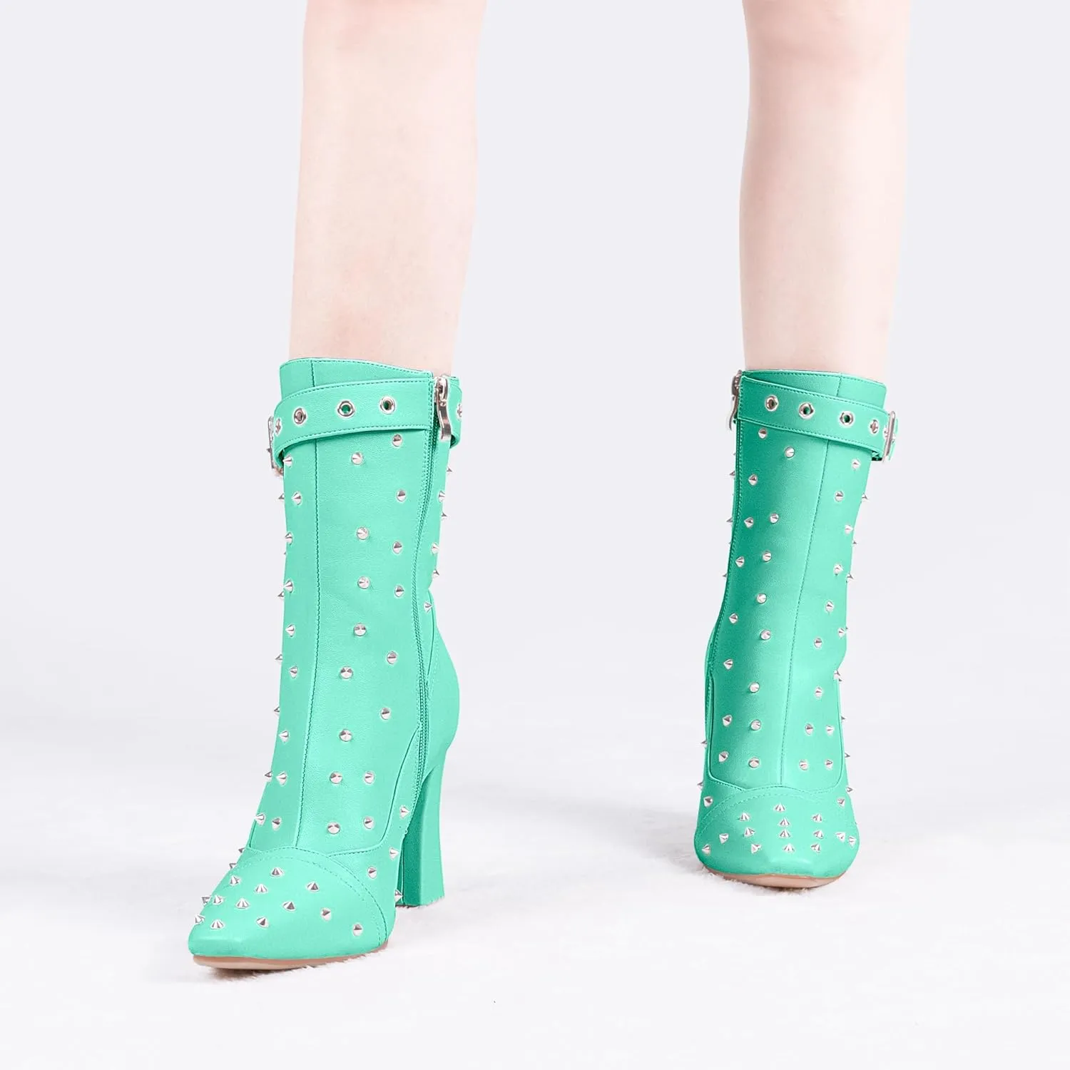 Women's Punk Rivet High Heel Square Toe Ankle Boots Buckle Strap Sexy Booties