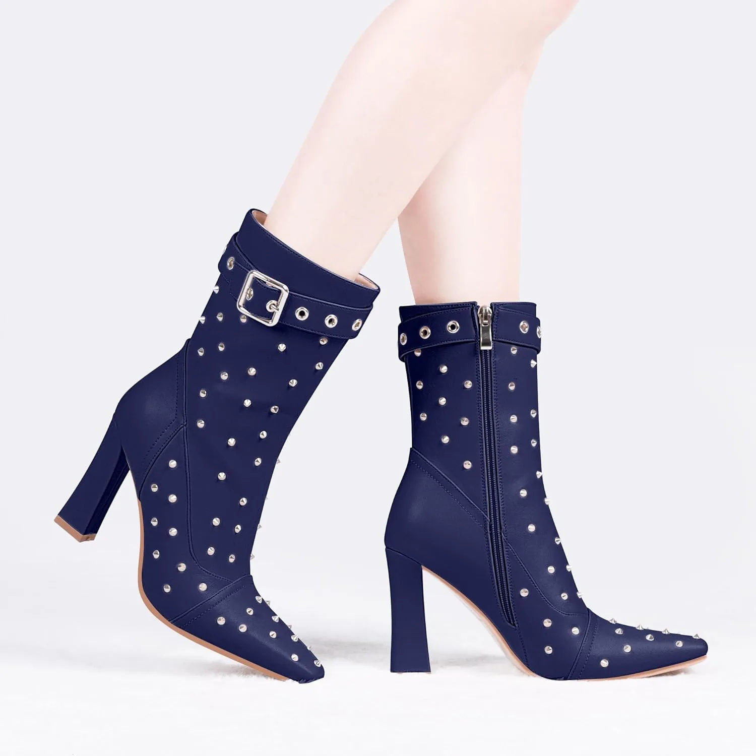 Women's Punk Rivet High Heel Square Toe Ankle Boots Buckle Strap Sexy Booties