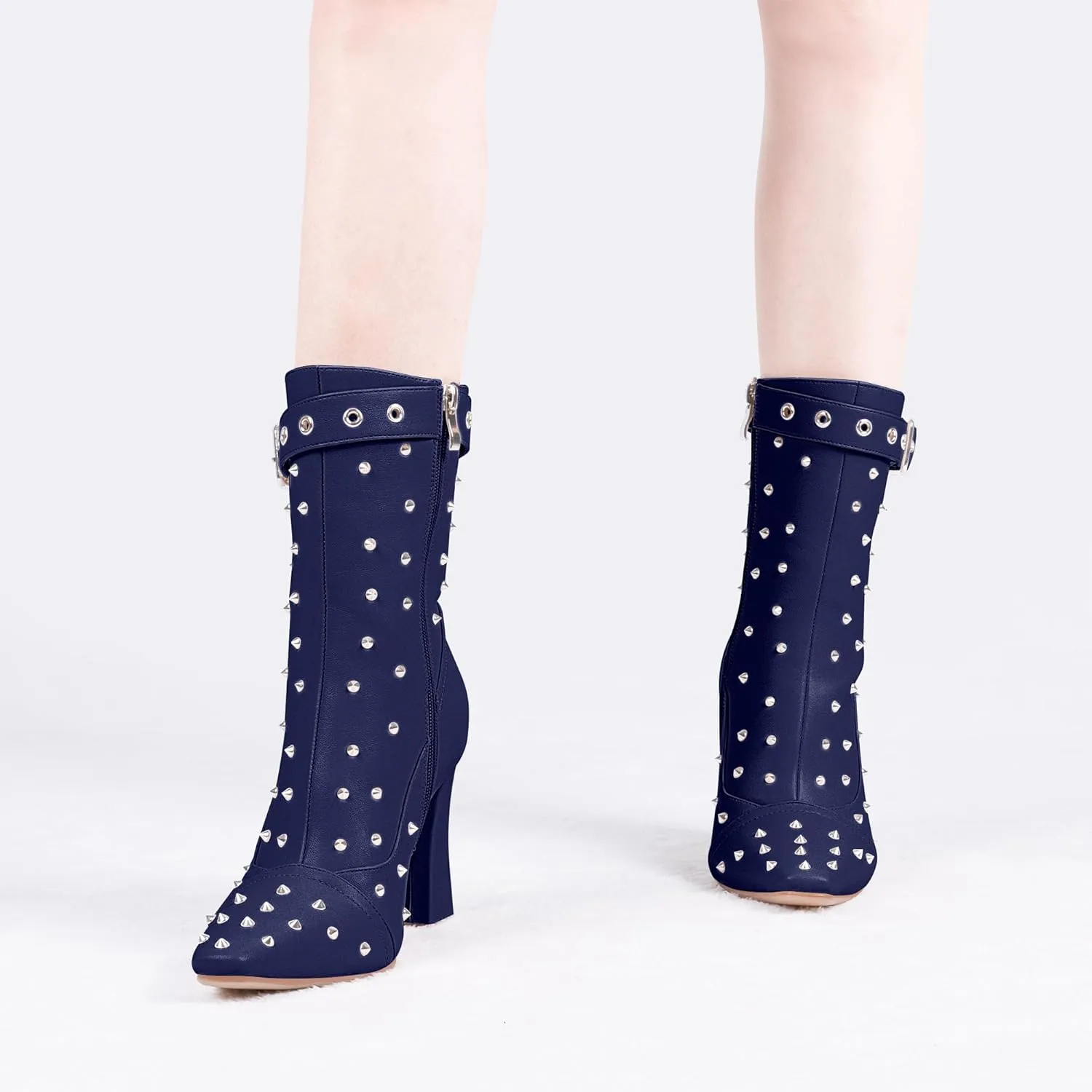 Women's Punk Rivet High Heel Square Toe Ankle Boots Buckle Strap Sexy Booties
