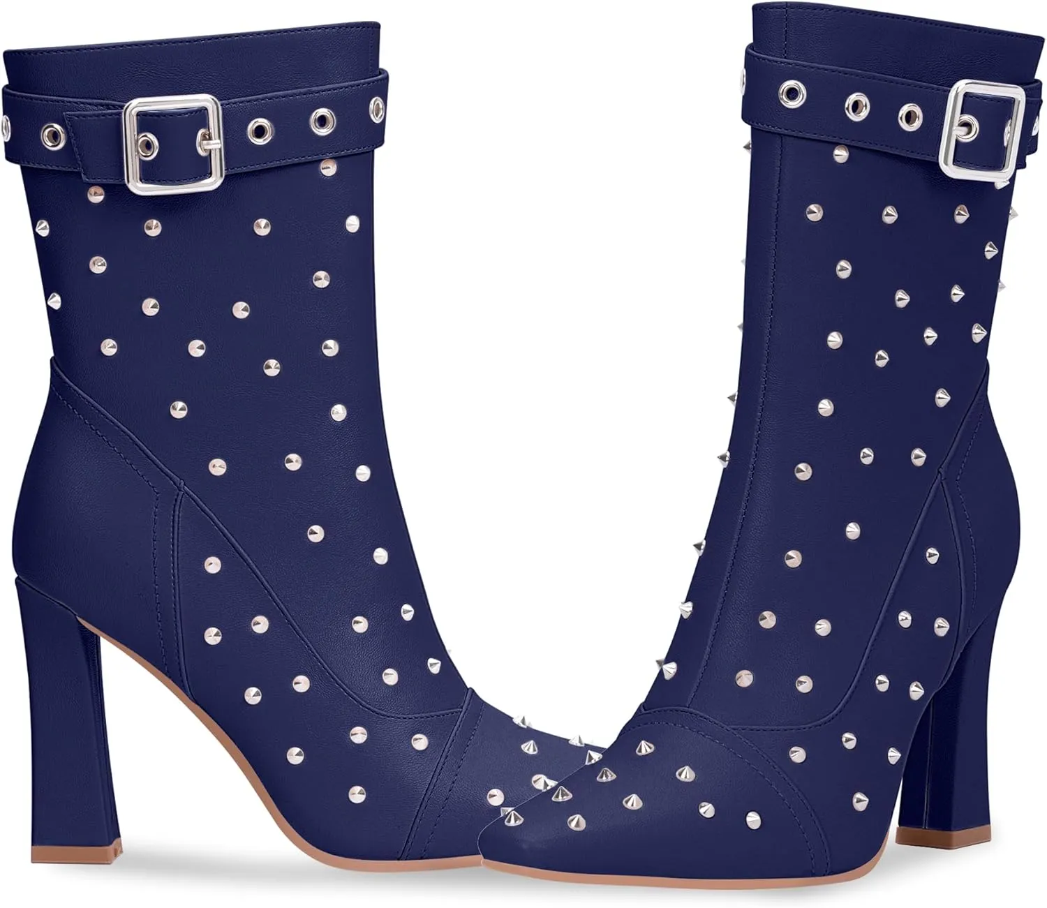 Women's Punk Rivet High Heel Square Toe Ankle Boots Buckle Strap Sexy Booties