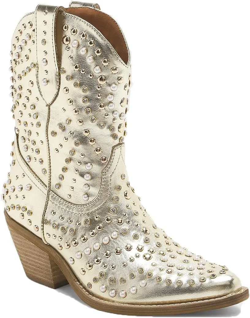 Women's Purple Studded Rhinestone Pearl Western-Modern Fusion Boots - Pointed Toe, Block Heel, Pull-On - Size Women's Boot