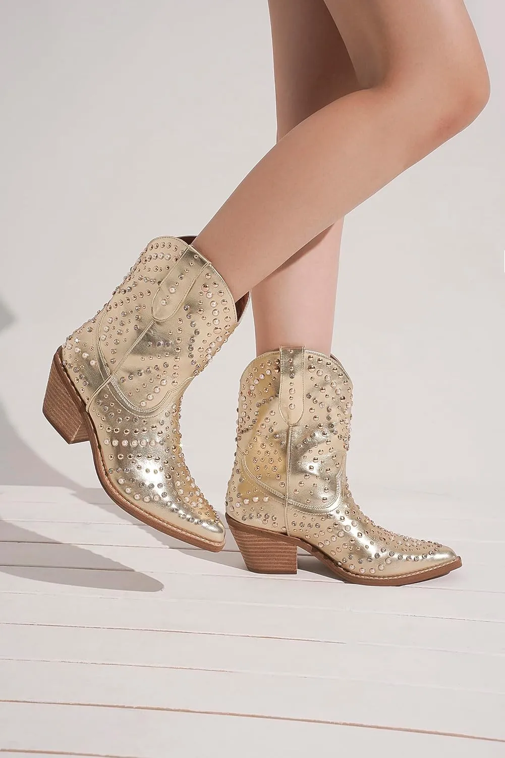 Women's Purple Studded Rhinestone Pearl Western-Modern Fusion Boots - Pointed Toe, Block Heel, Pull-On - Size Women's Boot