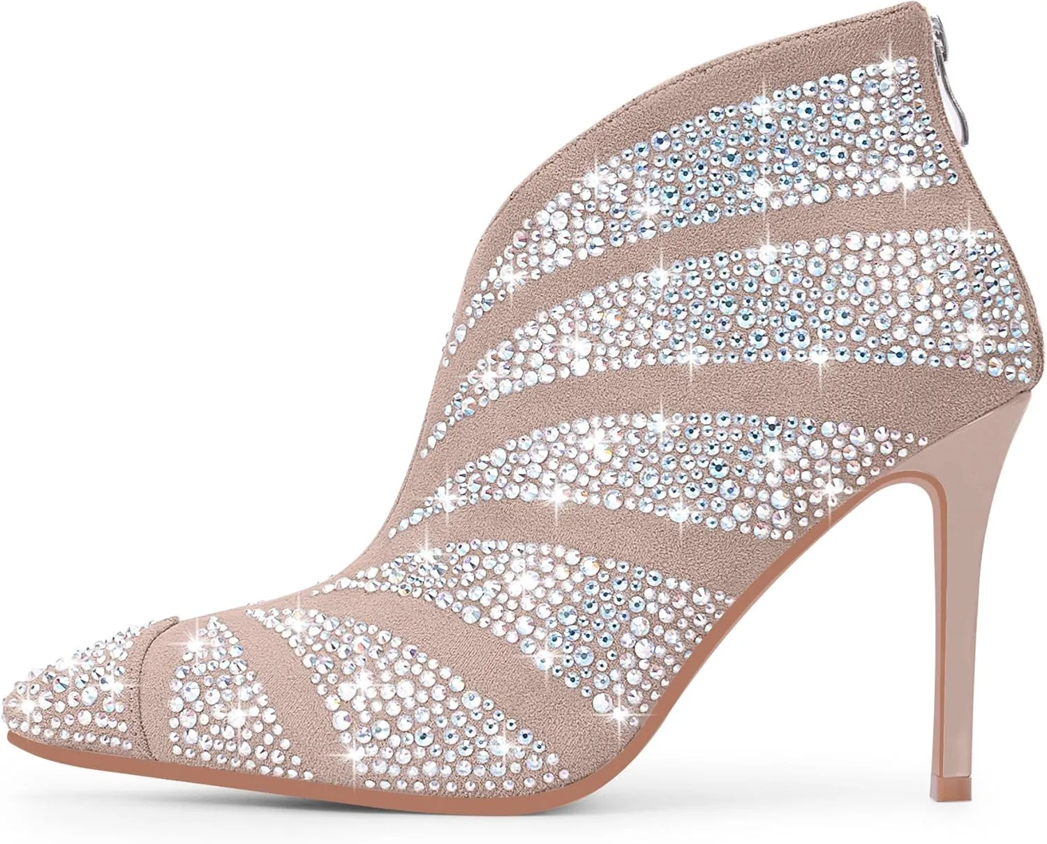 Women's Rhinestone Pointed Toe Stiletto High Heel Ankle Boots Suede Dress Booties