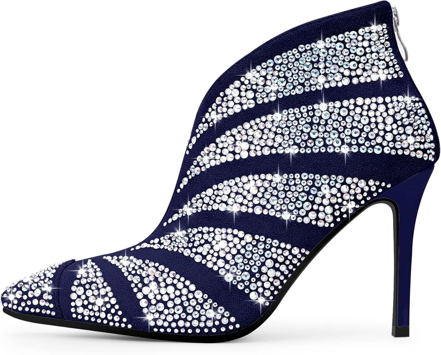 Women's Rhinestone Pointed Toe Stiletto High Heel Ankle Boots Suede Dress Booties