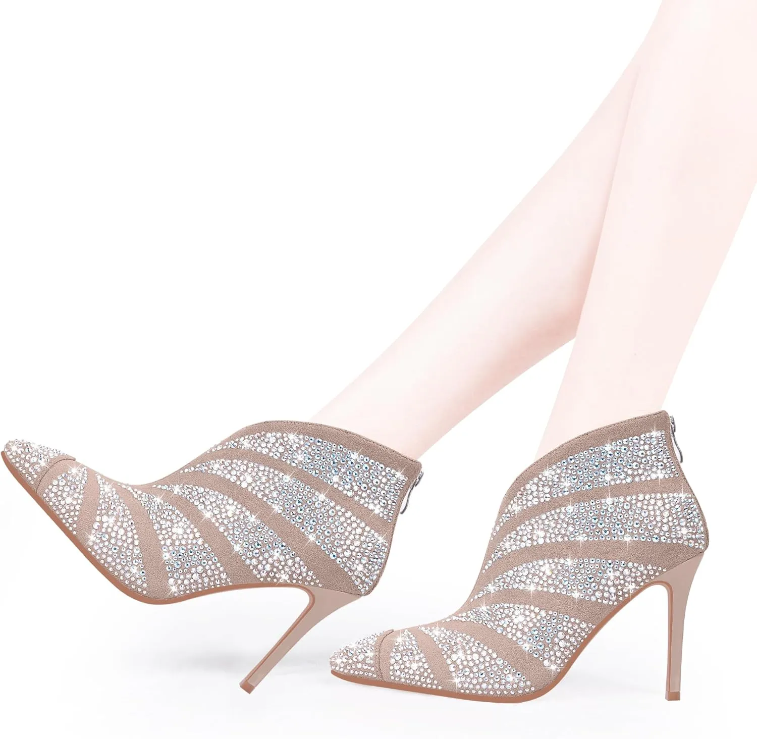Women's Rhinestone Pointed Toe Stiletto High Heel Ankle Boots Suede Dress Booties