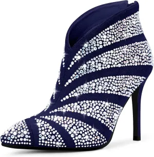 Women's Rhinestone Pointed Toe Stiletto High Heel Ankle Boots Suede Dress Booties