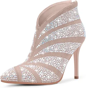 Women's Rhinestone Pointed Toe Stiletto High Heel Ankle Boots Suede Dress Booties