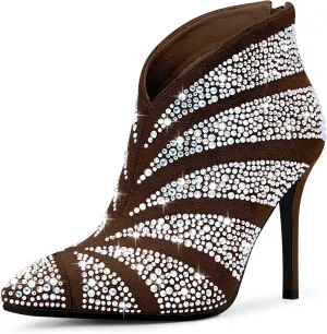 Women's Rhinestone Pointed Toe Stiletto High Heel Ankle Boots Suede Dress Booties