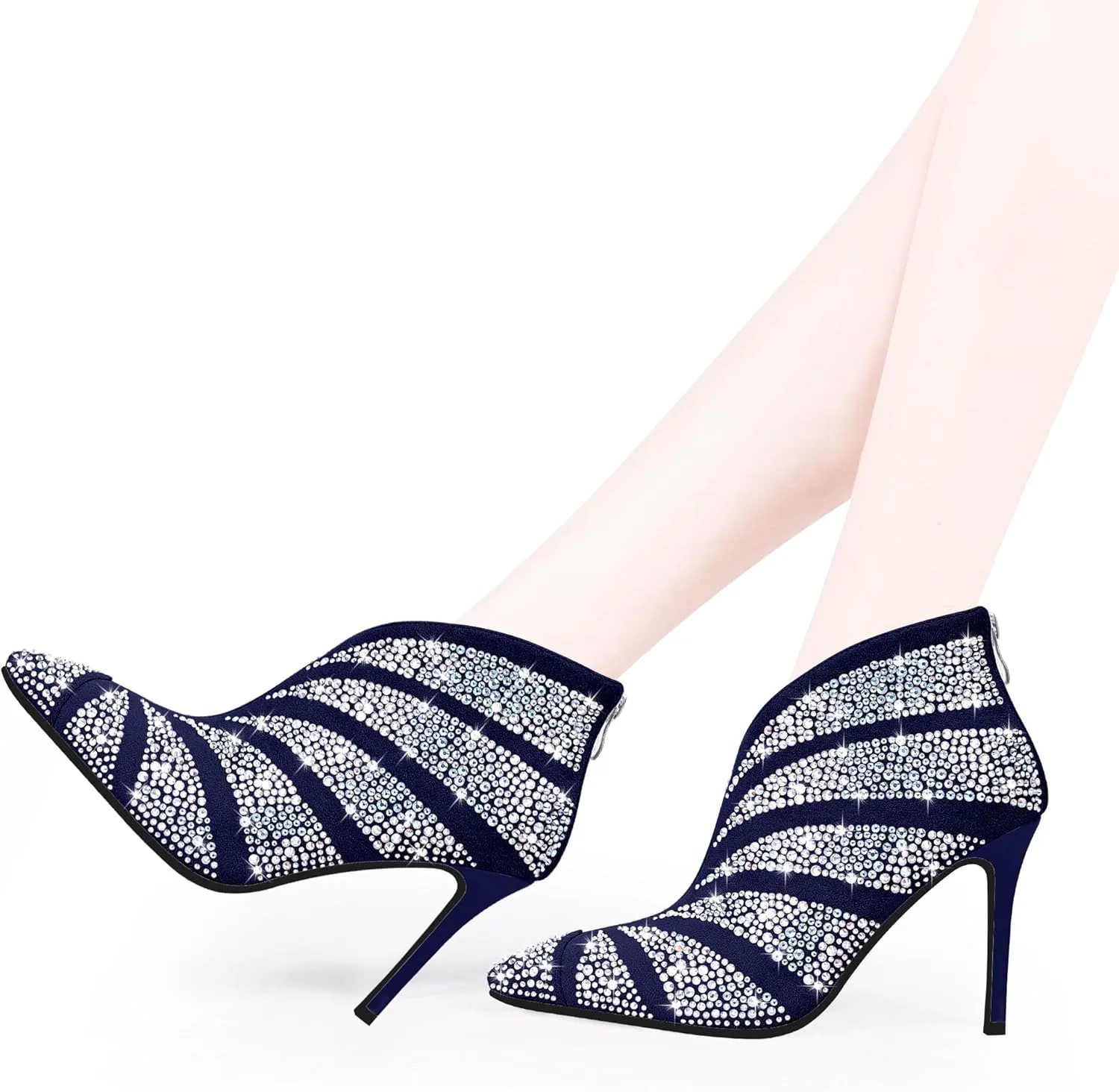 Women's Rhinestone Pointed Toe Stiletto High Heel Ankle Boots Suede Dress Booties