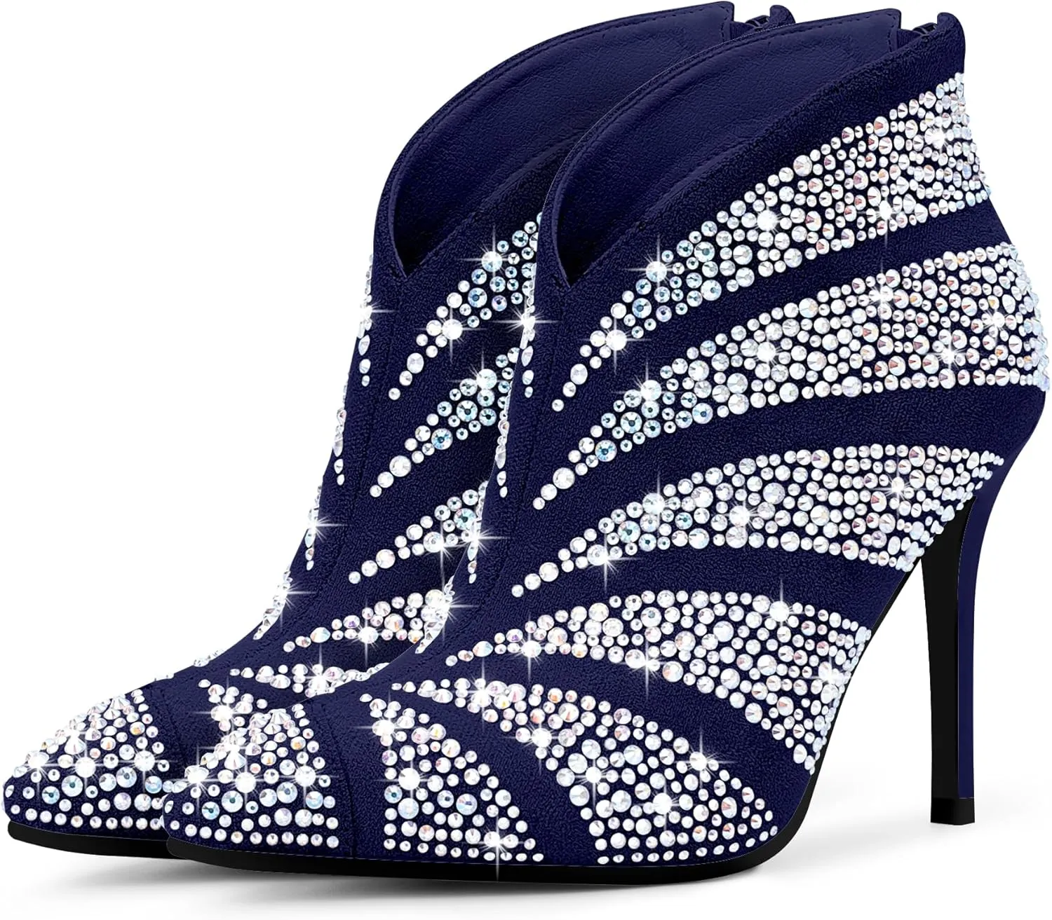 Women's Rhinestone Pointed Toe Stiletto High Heel Ankle Boots Suede Dress Booties