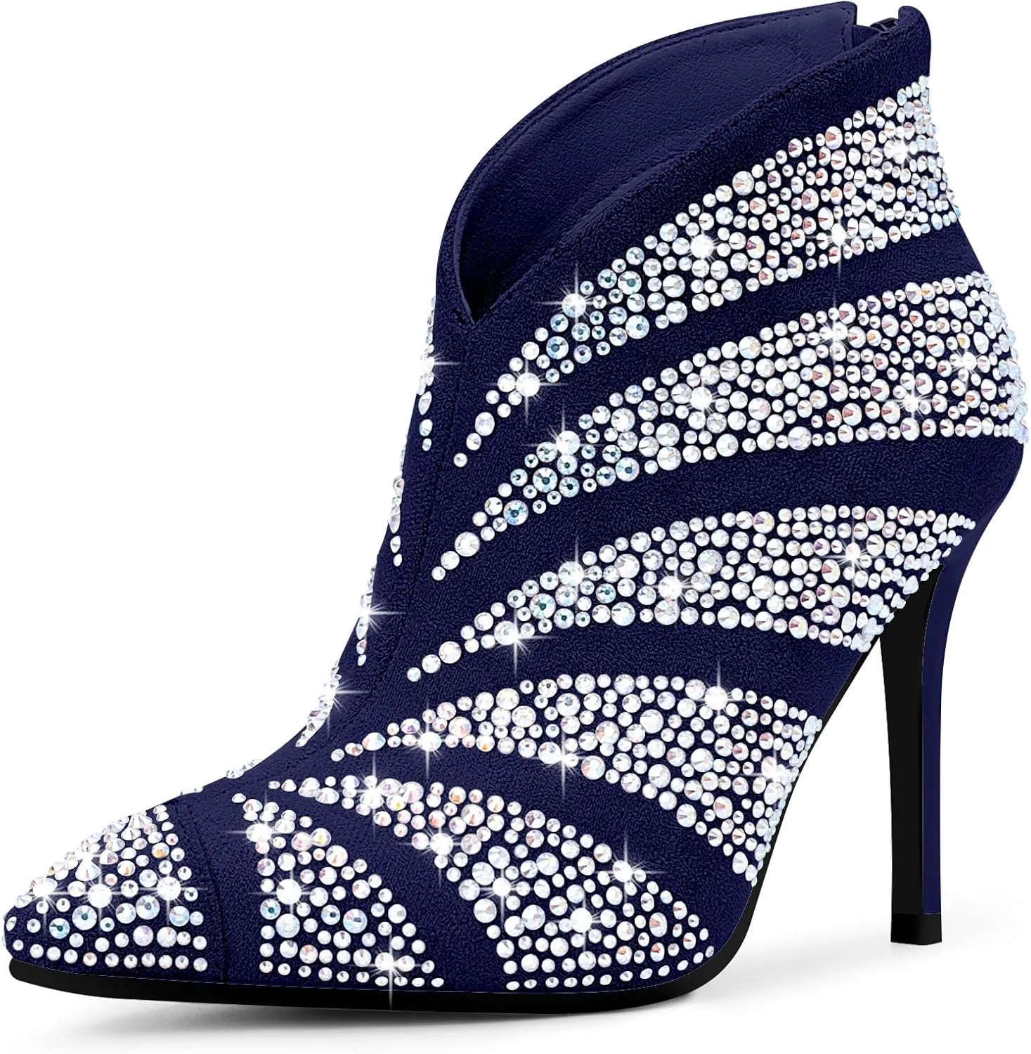 Women's Rhinestone Pointed Toe Stiletto High Heel Ankle Boots Suede Dress Booties