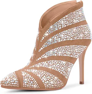 Women's Rhinestone Pointed Toe Stiletto High Heel Ankle Boots Suede Dress Booties
